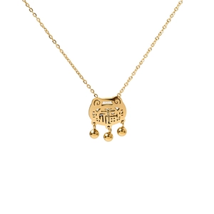 Rose gold titanium necklace with traditional Chinese lock pendant and small bell charms