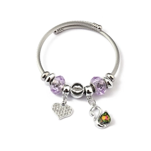Silver twisted bangle with crystal beads and heart and colorful swan charms