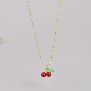Handmade cherry pendant necklace with red carnelian beads and 18K gold plated steel chain