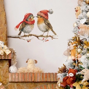 Christmas wall decal featuring two robins on snowy branches with festive holiday decorations