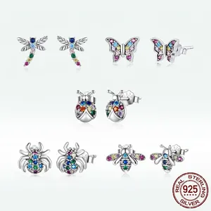 S925 sterling silver insect stud earrings set with colorful cubic zirconia stones
