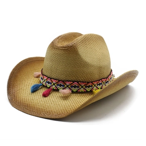Straw Cowboy Hat Paper Weave Sun Protection Summer Beach Vacation Boho Ethnic Tassel Jazz Fedora