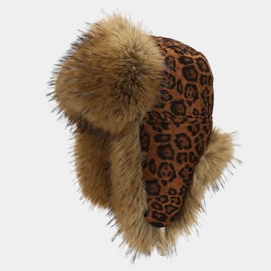 Winter faux fur trapper hat with leopard print and thick plush ear flaps for skiing