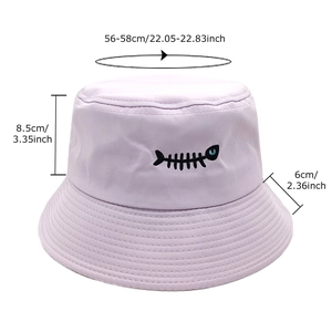 Lavender cotton bucket hat with fishbone embroidery and detailed size measurements