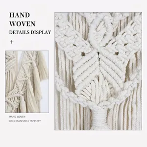 Hand-woven Bohemian tapestry with intricate macramé details and elegant cotton tassels