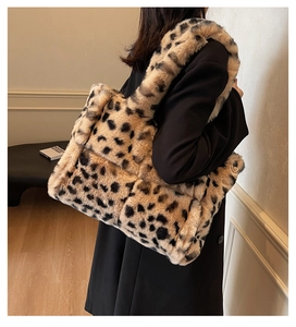 Leopard print plush tote bag shown on model with soft faux fur texture and large capacity