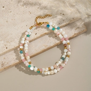 Double-layered bracelet with Baroque pearls, colorful natural stones, and 18K gold-plated clasp