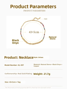 Detail view showing natural stone beaded necklace with 18k gold-plated brass beads and clasp