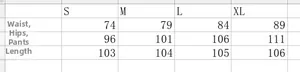 Size chart showing waist, hip, and length measurements for loose patchwork denim pants