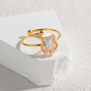 Elegant 18k gold stainless steel open ring featuring a colorful 3D bear on stone base