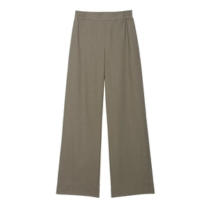 Detail of high-waisted taupe wide-leg trousers with elastic waistband and fabric texture