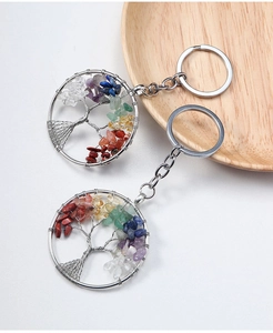 Detailed view of Tree of Life keychains featuring colorful natural crystal stones