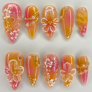 Press On Nails Ombre Pink Orange With 3D White Flower Artificial Pearl Gold Foil Long Almond Shape Detachable DIY Manicure For Women