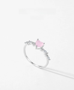 Detailed macro view of S925 silver ring featuring a pink heart stone and side zircons
