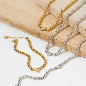 Collier Et Bracelet En Acier Inoxydable Avec Pendentif Coeur En Zircone Cubique Minimaliste Plaqué Or Argent Pour Femme