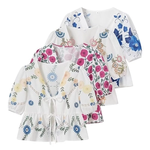 Women Casual V Neck Tie Front Blouse Linen Feel Floral Printed Short Puff Sleeve Top Bohemian Summer Vacation Shirt Lady