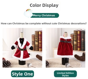 Christmas wine bottle covers featuring santa coat and dress designs on a festive dining table