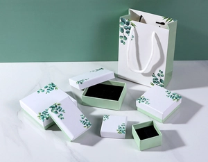 Eucalyptus leaf jewelry gift boxes set with black velvet lining and matching bag