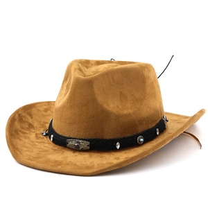Brown suede western cowboy hat with turquoise accents on a black woven band