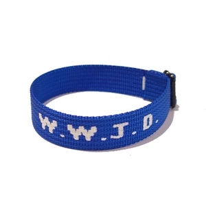 Detail view of blue woven WWJD bracelet featuring white jacquard text and black adjuster