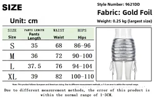 Size chart for metallic bodycon skirt with measurements in cm for sizes S to XL