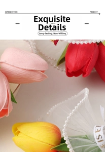 Detailed close-up of pink and yellow artificial tulip petals with realistic textures