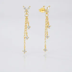 Butterfly Tassel Dangle Earrings With 925 Sterling Silver Earring Post Sparkly Zircon Long Chain Elegant Jewelry For Women