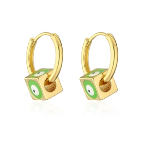 Detailed view of 18K gold plated hoop earrings with green dice charms and eye patterns