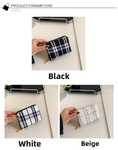 Detailed view of tweed card holders in black, white and beige with gold zippers