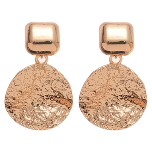 Golden geometric square and round drop earrings with vintage hammered metal texture