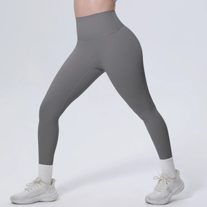 Detaillierte Seitenansicht einer hochtaillierten, nahtlosen dunkelgrauen Yoga-Leggings