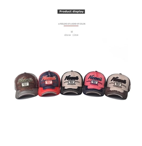 Detail of five vintage washed baseball caps with Hawaii embroidery in multiple colors