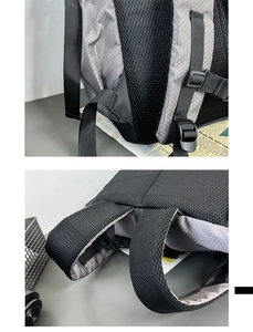 Detail of breathable mesh back panel and wide padded shoulder straps on sports backpack