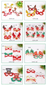 Detailed grid view of diverse Christmas party glasses including reindeer antlers and Santa motifs