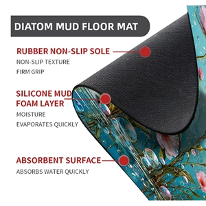 Detail of multi-layer bath mat showing non-slip rubber base and floral absorbent surface