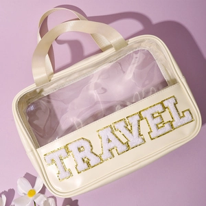 Transparent PVC PU Leather Toiletry Bag Large Capacity Waterproof Travel Makeup Organizer With Chenille Letter Patch