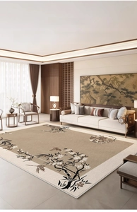 Close-up of Oriental style rug with floral and bird ink painting patterns