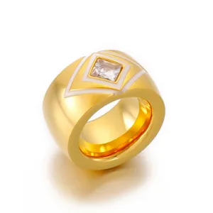Geometric Enamel Wide Band Ring Stainless Steel With Square Zircon Fashion Jewelry For Women Exaggerated Accessory