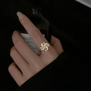 Rotatable Windmill Clover Star Open Ring Copper With Zircon Inlaid Adjustable Elegant Fashion Jewelry For Women