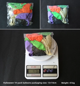 Detailed view of 14pcs Halloween balloon set with weight and dimensions measurement