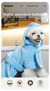 Detail of blue microfiber pet bathrobe showing the adjustable waist belt and hooded design
