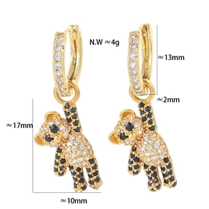 Cute golden bear hoop earrings with sparkling crystal stones and detailed product dimensions