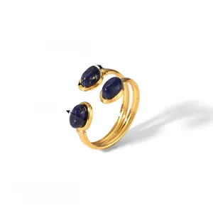 Detail of gold open ring with 4mm and 6mm lapis lazuli stones, weight 1.7g