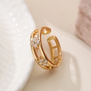 18K gold plated hollow geometric open ring with two zircon flowers for women