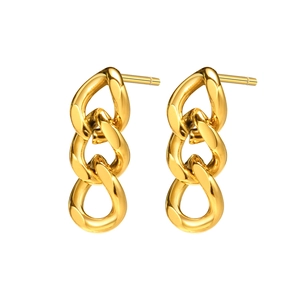 Minimalist gold stainless steel triple-link chain earrings on a clean white background