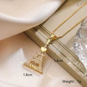 Gold Eiffel Tower necklace with crystals and love heart pendant for women jewelry