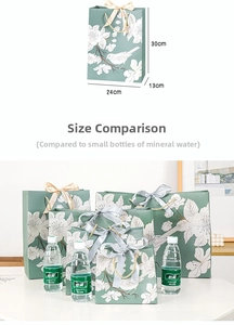 Floral gift bag with ribbon handle showing 30x24x13cm dimensions and capacity comparison