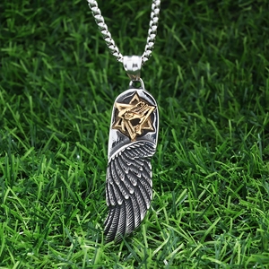 Feather angel wing and hexagram pendant in silver and gold tone stainless steel