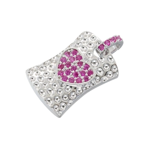 Detailed close-up of a silver rectangular pendant with a sparkling pink gem heart inlay