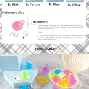 Close-up of mini resin dolphins showing size dimensions and colorful candy colors